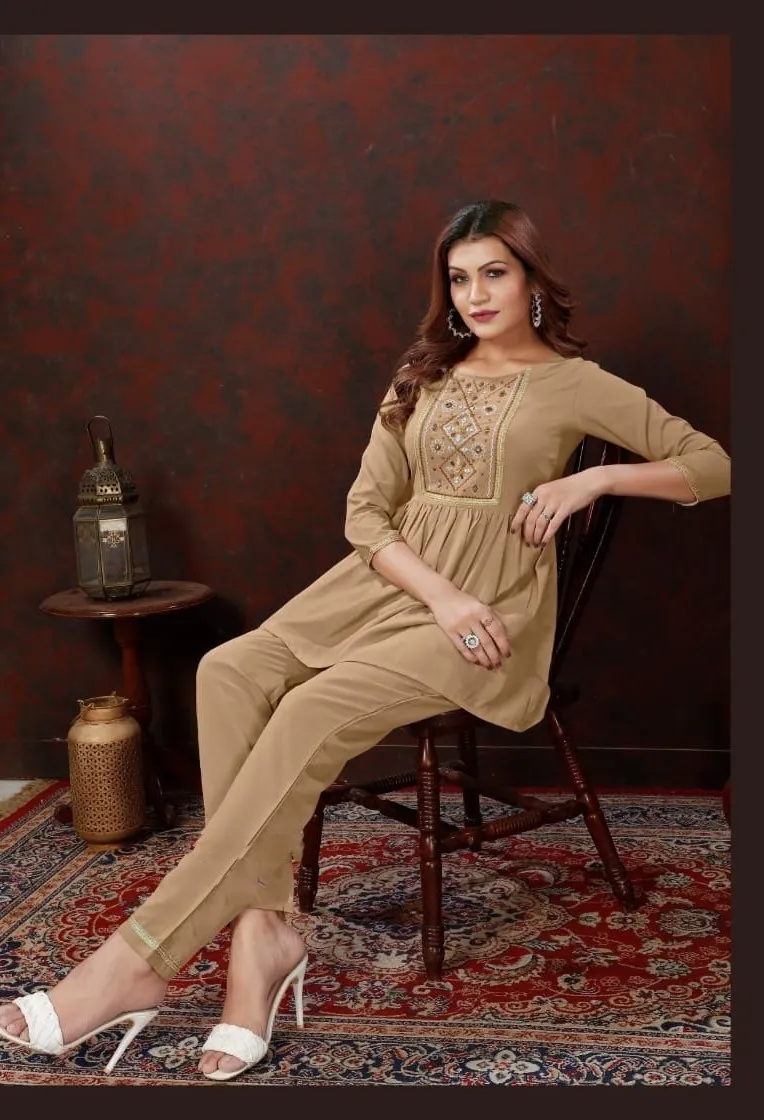 Beige Hand Embroidered Co-ord set